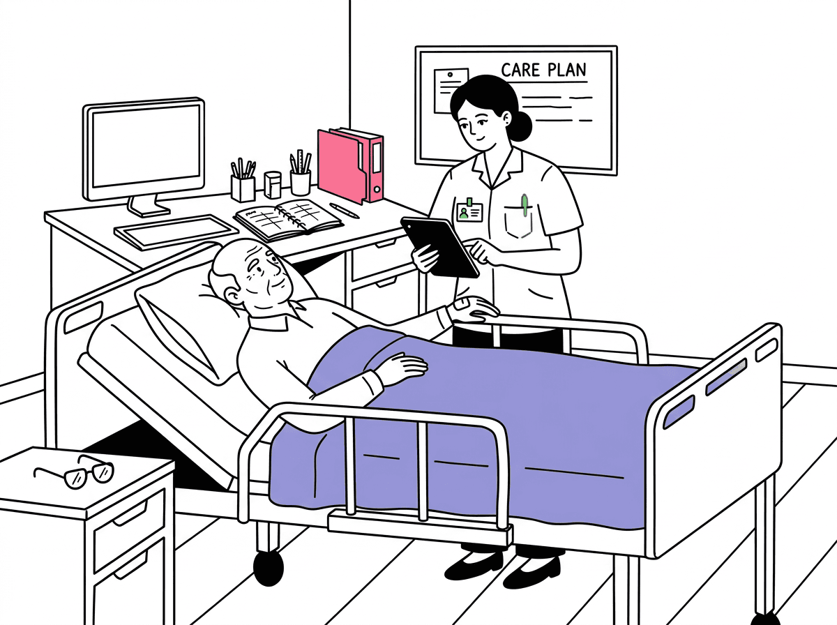 Illustration einer Pflegeeinrichtung mit Bewohnern und Pflegekräften